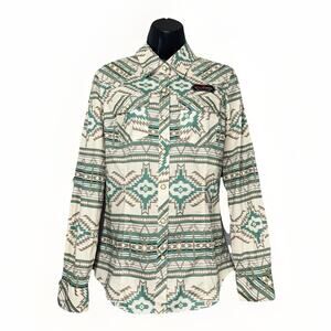 NWOT Rock Roll Denim Medium Cowgirl Aztec Western Shirt Women Blue White Rodeo